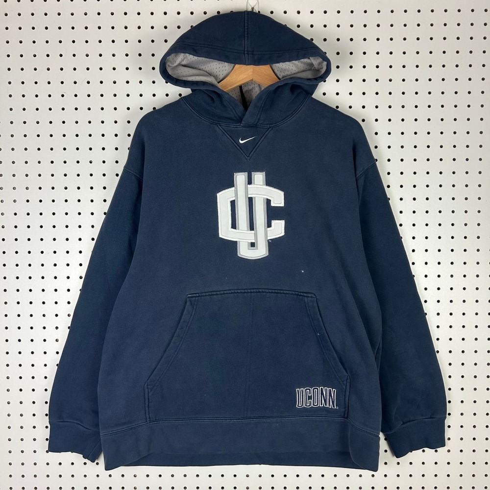 Nike UConn Huskies Hoodie Mens Medium‎ Navy Blue Center Swoosh Pullover Y2K READ